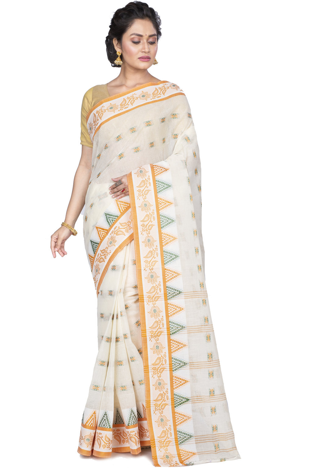 Yellow Pure Cotton Alkari Tant Saree (177)